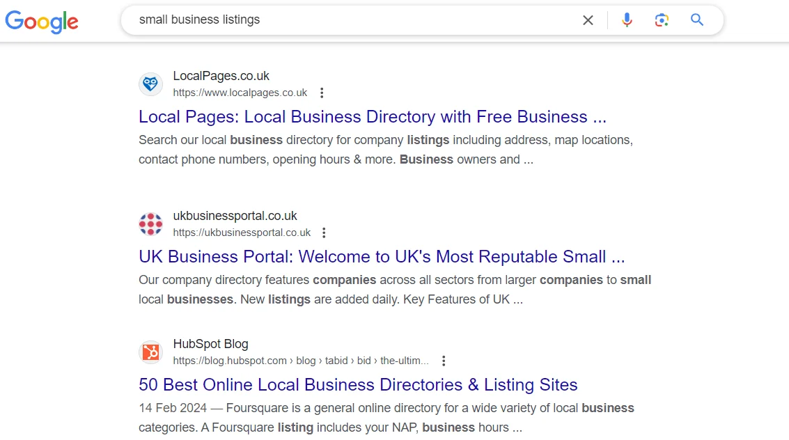 small business listings screenshot