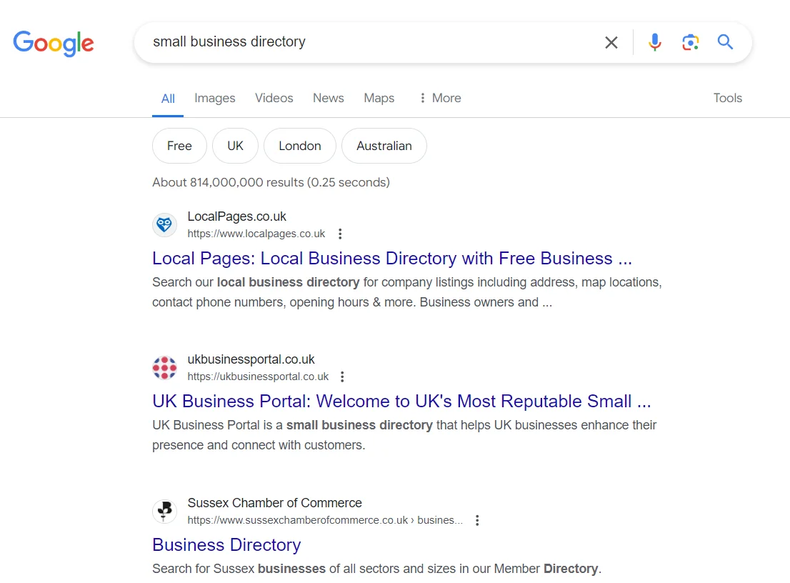 small business directory screenshot