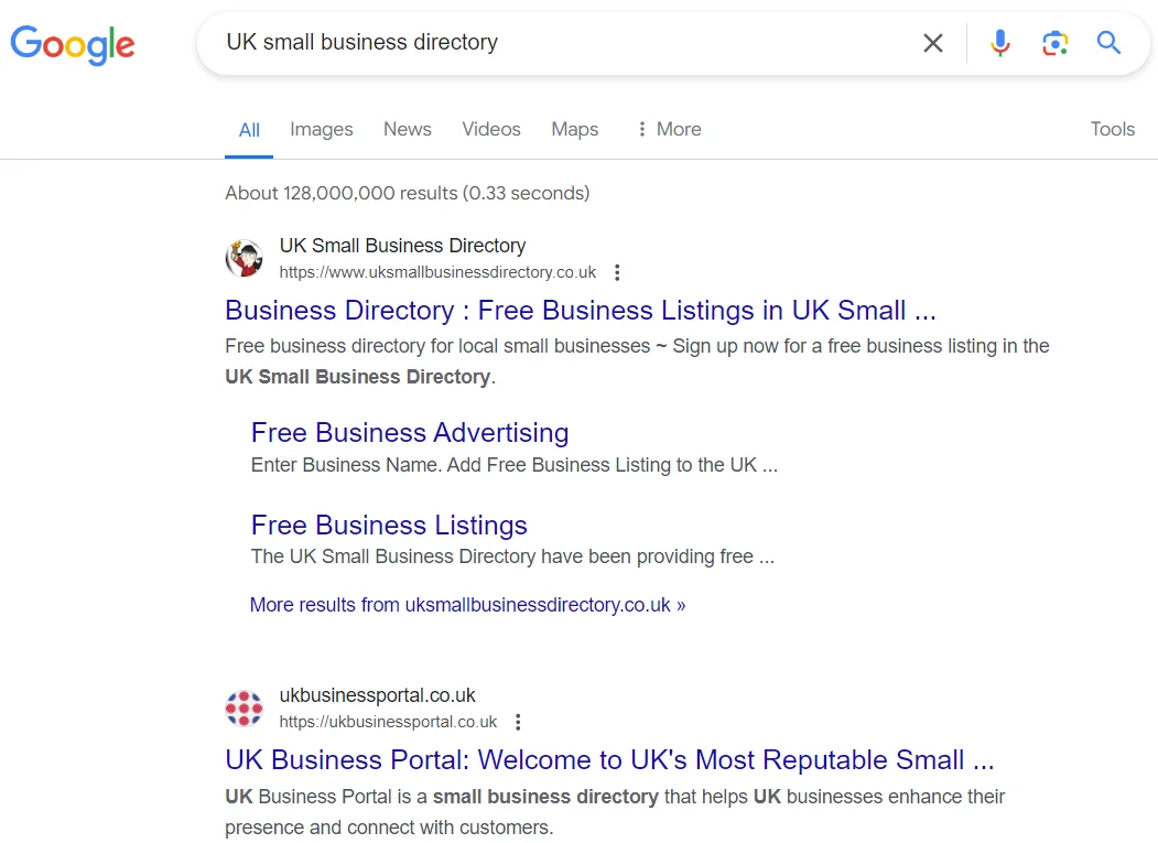 google search of uk small business directory