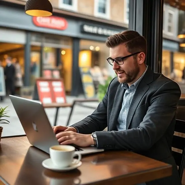 business owner in coffee shop with laptop