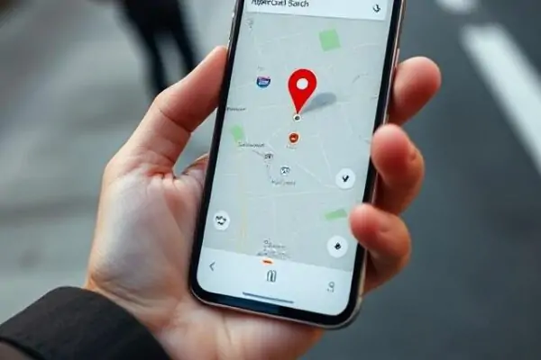 mobile phone in hand with maps pin