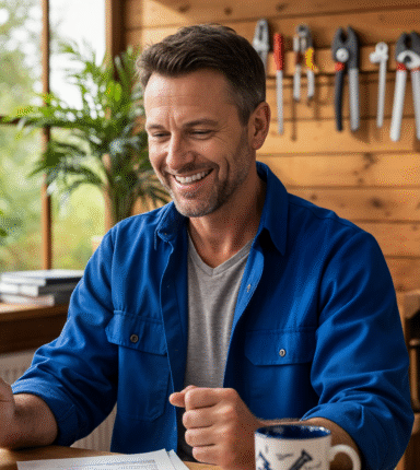 Happy man in garden room at computer