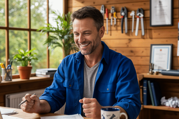 Happy man in garden room at computer