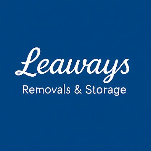 blue blackground with white text stating Leaways Removals & Storage