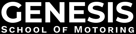 Genesis SChool of Motoring Logo, white text of company name in black background