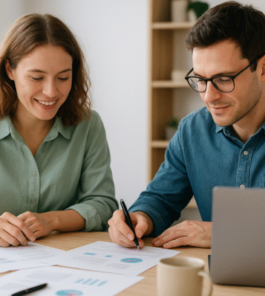 2 senior business decisions people looking at graphs with laptop