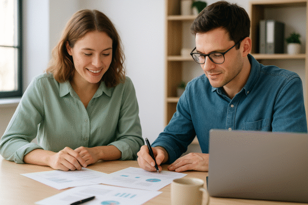 2 senior business decisions people looking at graphs with laptop