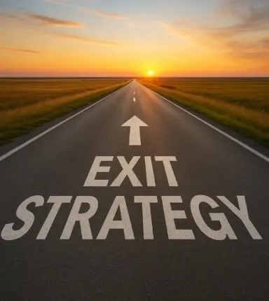 Road at sunset with arrow on the floow and exit strategy written