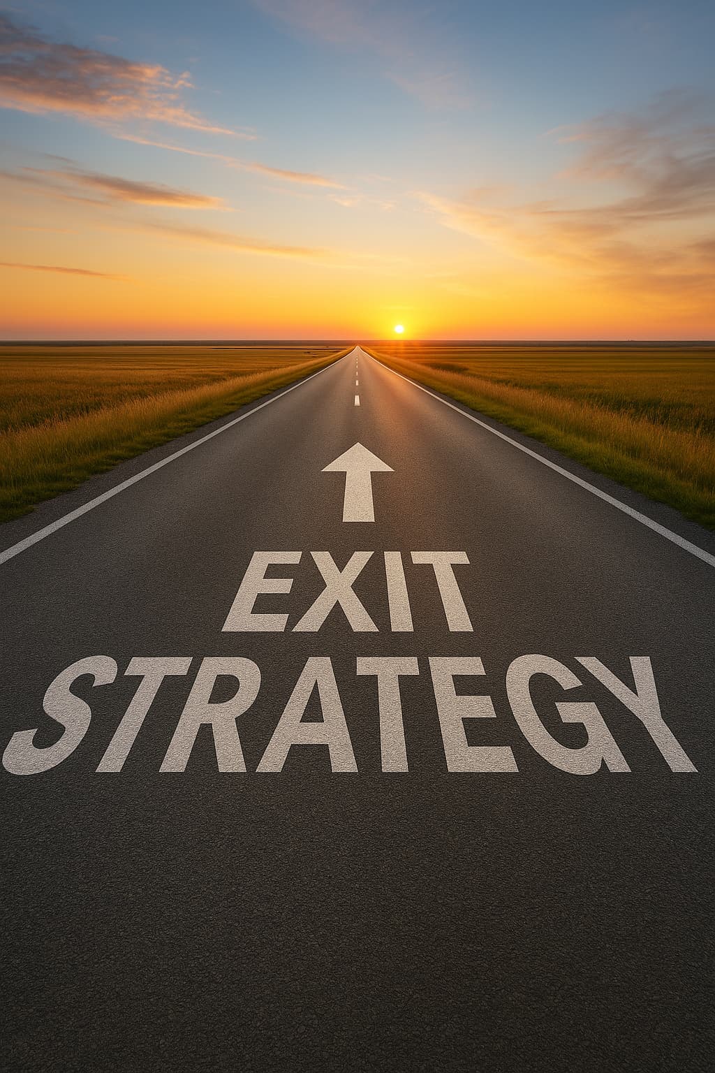 Road at sunset with arrow on the floow and exit strategy written