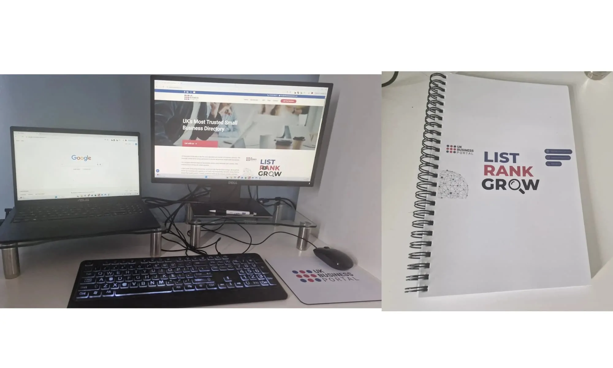 UK Business Portal professional setup with monitors and branded material showcasing company values