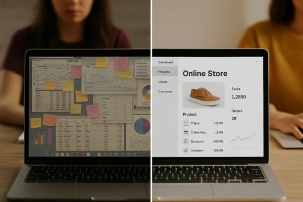 Laptop, half complex papers and another simple