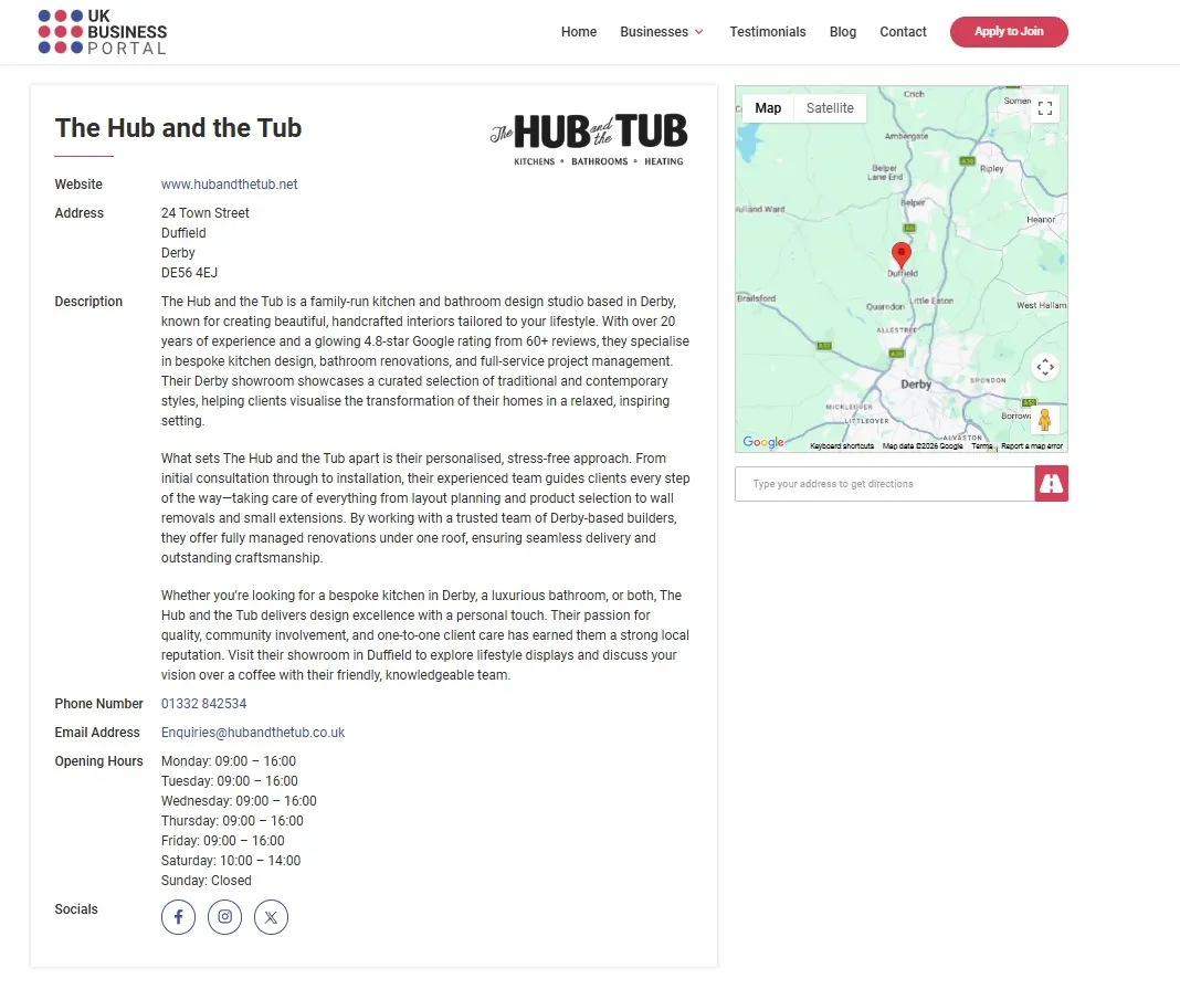 UK Business Portal dedicated profile page example for The Hub and The Tub.