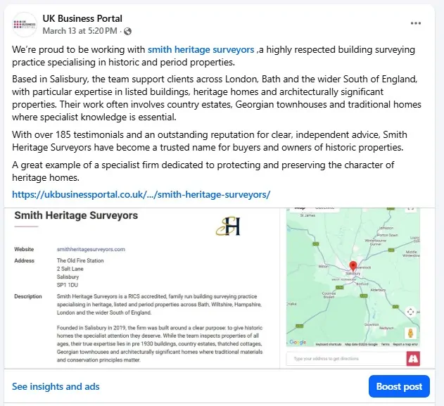 A Facebook brand mention from UK Business Portal for Smith Heritage Surveyors, showcasing their professional profile link and business description.