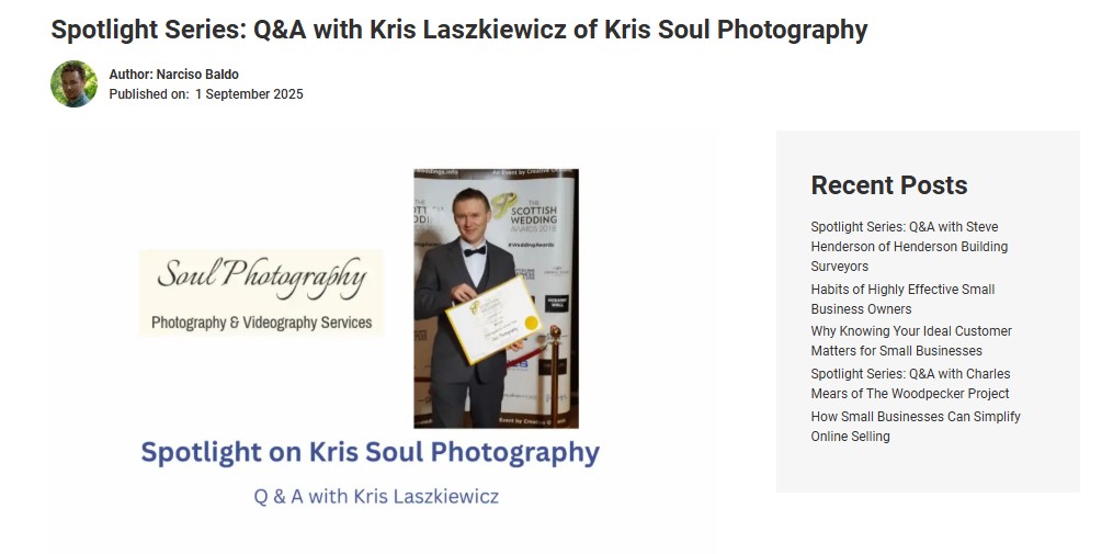 A featured interview article on UK Business Portal titled 'Kris Soul Photography', showing a professional hero image and editorial layout.