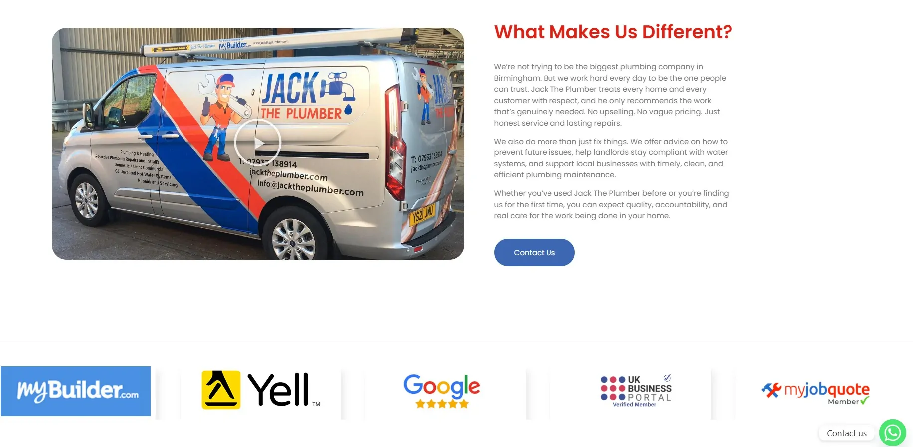 Jack the Plumber website showing a carousel of trust badges including Google, Yell, MyBuilder, and the UK Business Portal verified member badge.