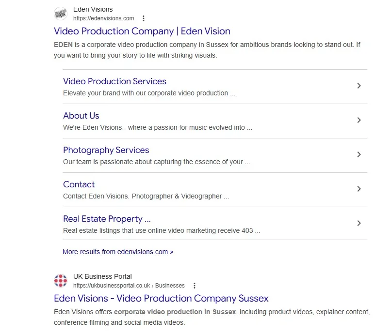 Eden Visions Google search results showing UK Business Portal profile indexed at position two.