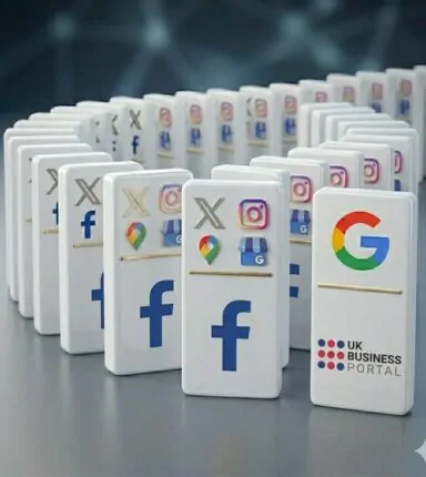 A conceptual image of brand consistency for UK small businesses, showing a sequence of white dominoes with social media icons for Facebook, X, and Instagram. The primary domino displays the Google 'G' and the UK Business Portal logo, representing the alignment of digital platforms and verified trust.