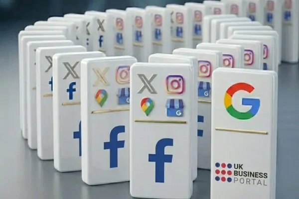 A conceptual image of brand consistency for UK small businesses, showing a sequence of white dominoes with social media icons for Facebook, X, and Instagram. The primary domino displays the Google 'G' and the UK Business Portal logo, representing the alignment of digital platforms and verified trust.