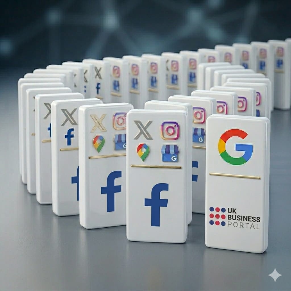 A conceptual image of brand consistency for UK small businesses, showing a sequence of white dominoes with social media icons for Facebook, X, and Instagram. The primary domino displays the Google 'G' and the UK Business Portal logo, representing the alignment of digital platforms and verified trust.