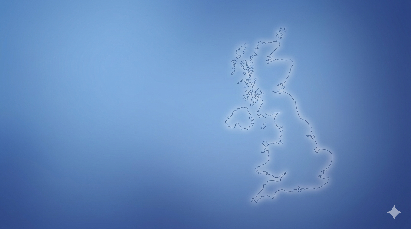 A minimal, professional blue gradient background featuring a soft, glowing outline of the United Kingdom map positioned to the right, with ample negative space on the left for text overlay.