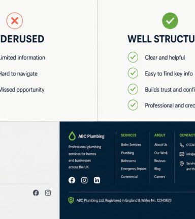Comparison of underused and well-structured website footers showing minimal contact details versus a complete footer with navigation links, business information and legal pages