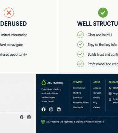 Comparison of underused and well-structured website footers showing minimal contact details versus a complete footer with navigation links, business information and legal pages