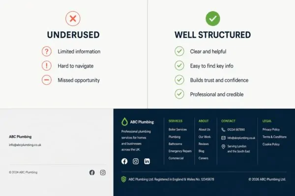 Comparison of underused and well-structured website footers showing minimal contact details versus a complete footer with navigation links, business information and legal pages