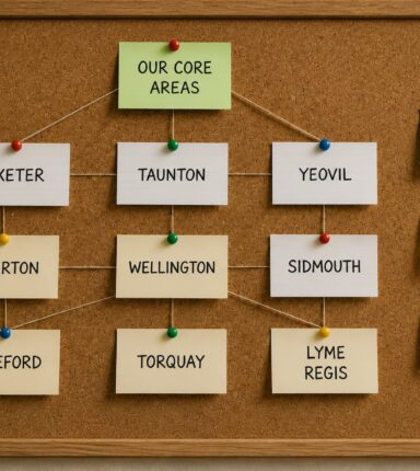 pinboard of sticky notes with locations