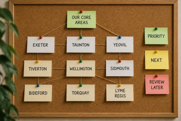 pinboard of sticky notes with locations
